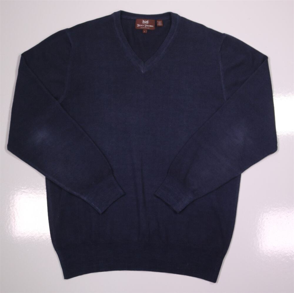 Hickey Freeman Mens Sweater Blue 100% Wool Knit V-Neck Classic Pullover Large